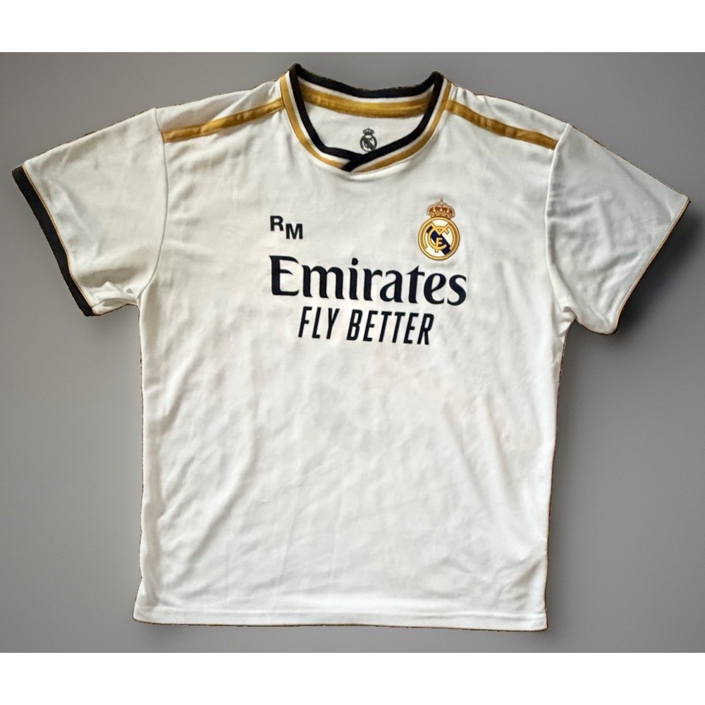 Real Madrid Football Club Replica Soccer Jersey White Gold Emirates Logo XL JBHS